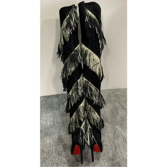 Christian Louboutin Bolcheva Black and Gold Fringe thigh high Boots 40EU/(9) NEW - Picture 9 of 11